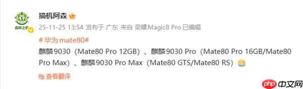 华为Mate 80系列共3款处理器：麒麟9030、麒麟9030 Pro、麒麟9030 Pro Max