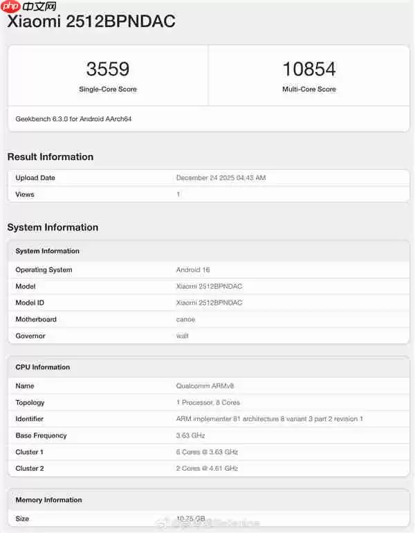 小米17 Ultra跑分现身：第五代骁龙8至尊版、12GB内存起步